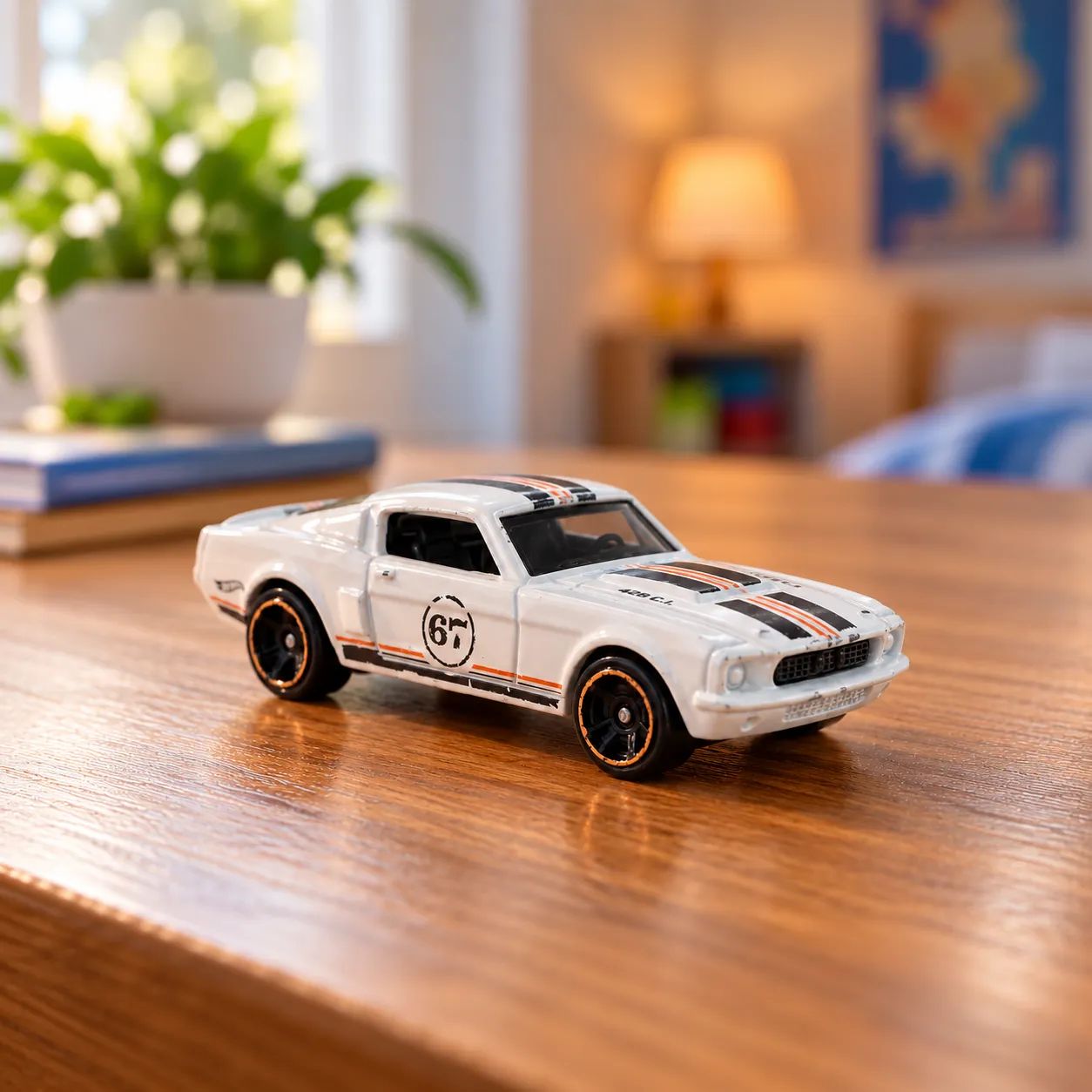 Hot Wheels - Mașinuță metalică Muscle Car Ford Mustang 1967albă #67, 428 C.I.